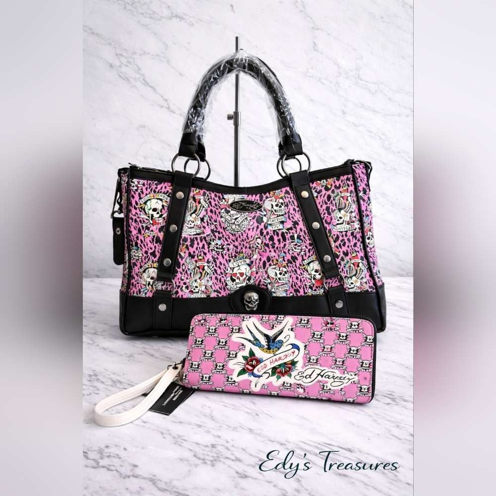 Ed Hardy Pink Leopard Skull Satchel & Wallet Set NWT Bundle
